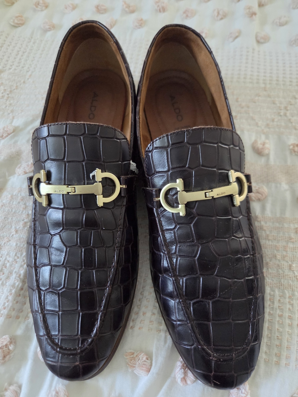 ALDO Men’s Brown Croc-Embossed Leather Loafers with Gold Bit
